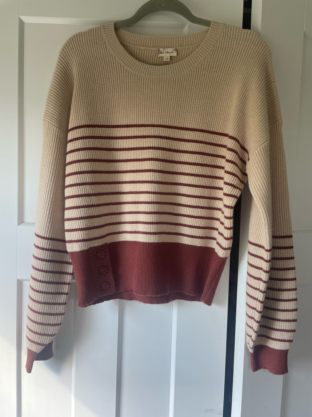 Hem & Thread Cream and Brick Red Striped Crewneck Sweater